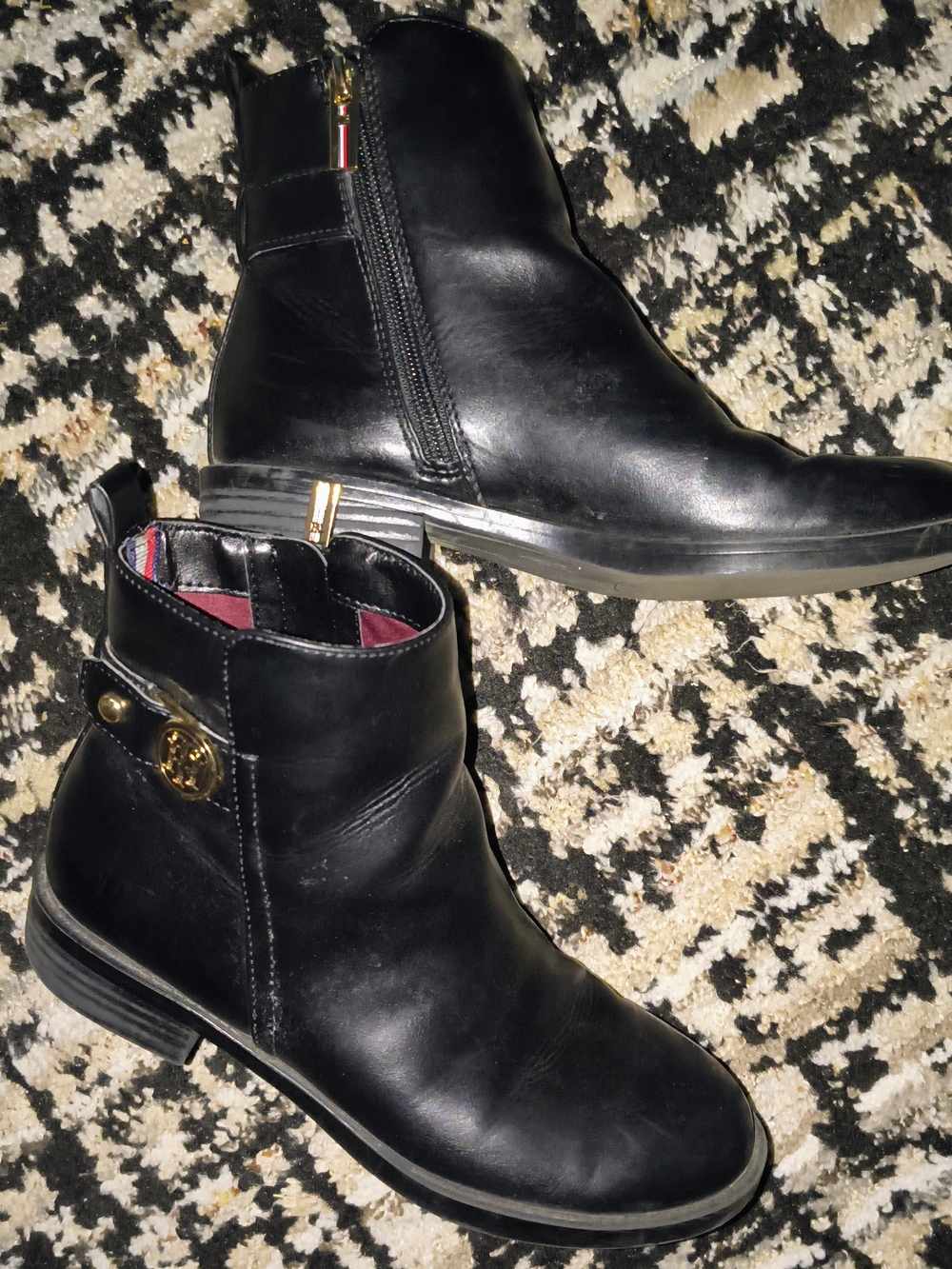 Tommy Hilfiger Black Leather Ankle Boots with Gold Accent